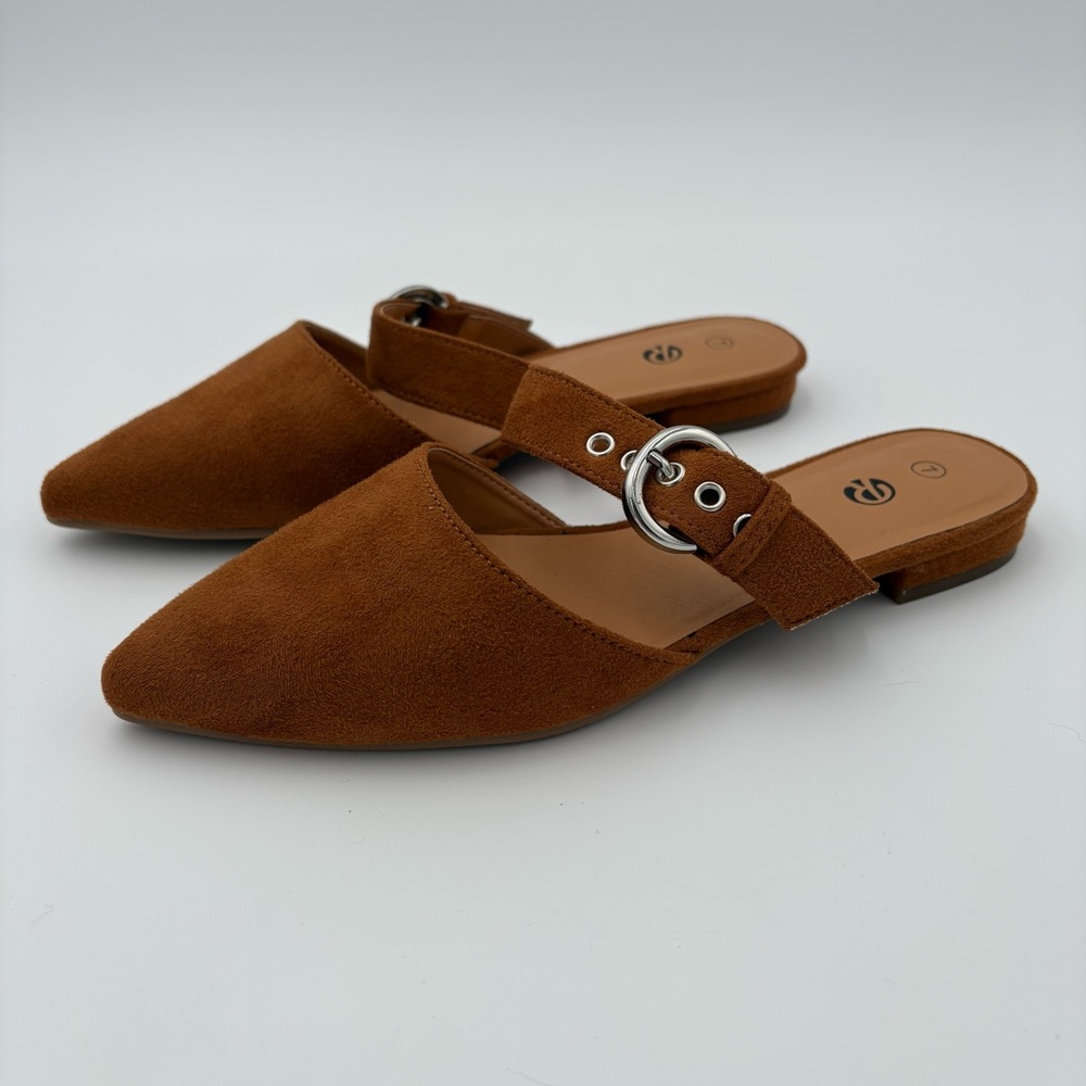 Brown Suede Pointed Toe Mule Flats Buckle Strap Slip On Size 7